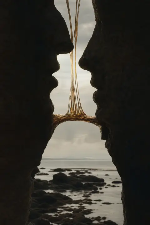 Dos siluetas se fusionan en sombra mientras hilos dorados luminosos forman puente brillante entre rostros, símbolo onírico del beso