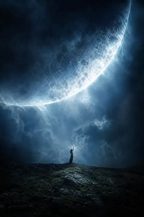 Figura diminuta extendiendo hacia boca de luna plateada inclinada, beso cósmico colisión íntima luminosa