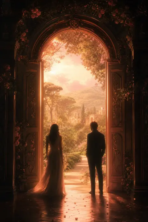 Eine Tür aus rosigem Licht öffnet sich auf einen nostalgischen Garten im Abendgold, darin zwei Schatten beim Kuss mit dem Ex