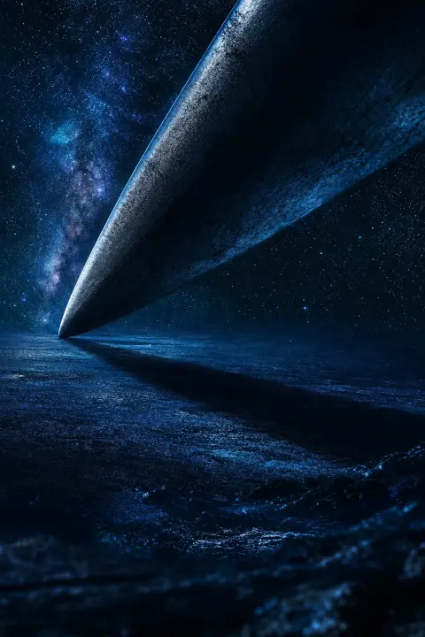 Mikroskopische Messerspitze vergrößert über sternenhimmel, wirft indigoblaue Schatten auf unendliche Nachtebene