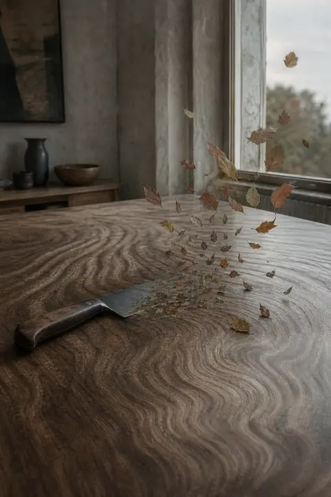 Faca de cozinha pousada na mesa, a lâmina se dissolvendo num leque de folhas que caem, os veios da madeira ondulando, a faca