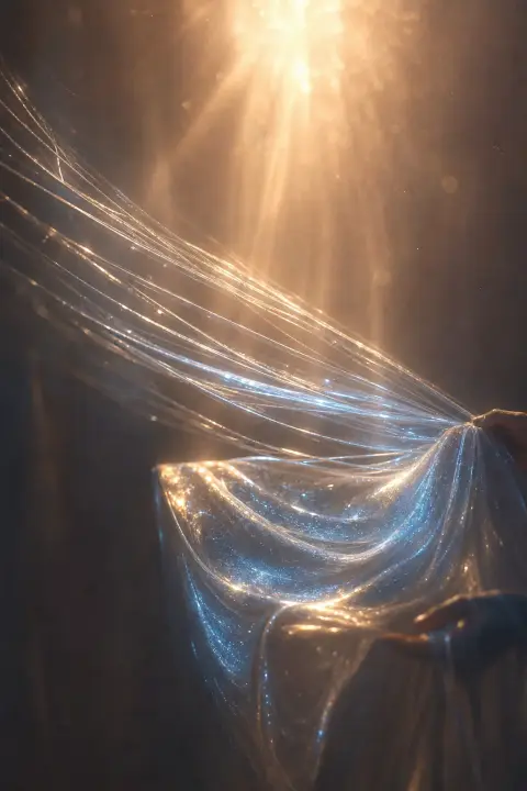 Silver-blue threads woven on invisible loom gather like liquid starlight, cold luminescence holding unseen weight