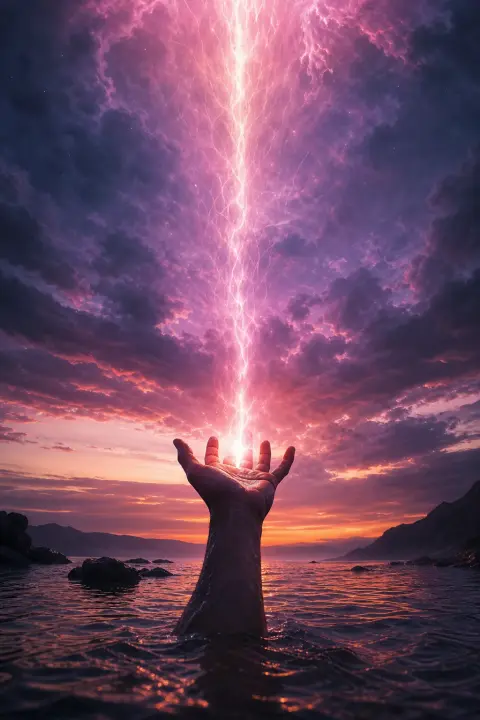 Hand reaches upward in violet twilight as rose-colored lightning bolt descends, figure suspended between receiving and releasing