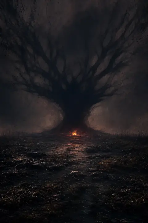Vast dark void where tree once stood, single warm ember glowing at heart, absence defined by shadow alone
