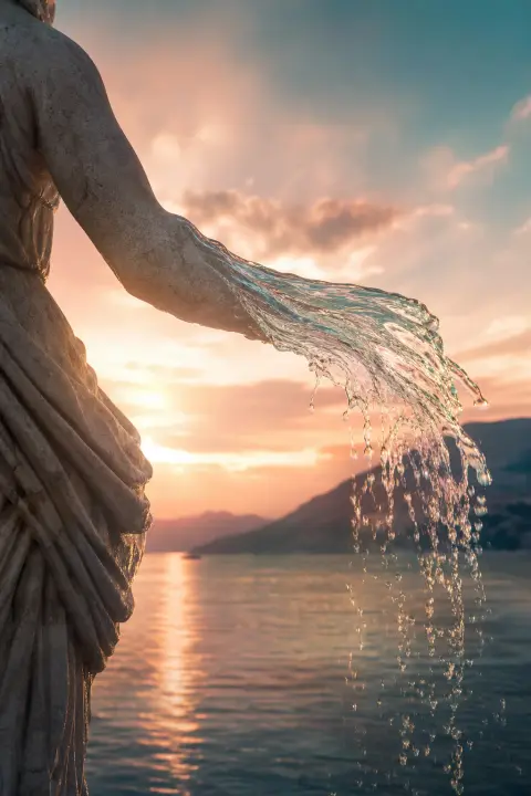 Stone statue's arm transitions into flowing water catching pale dawn light, peach and mint hues bleeding across metamorphosis