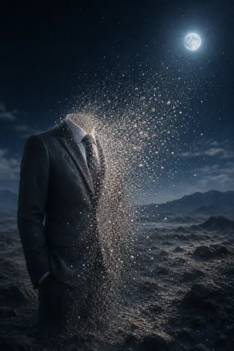Business suit transforms into silver dust particles drifting across moonlit landscape, losing job dissolves into distance