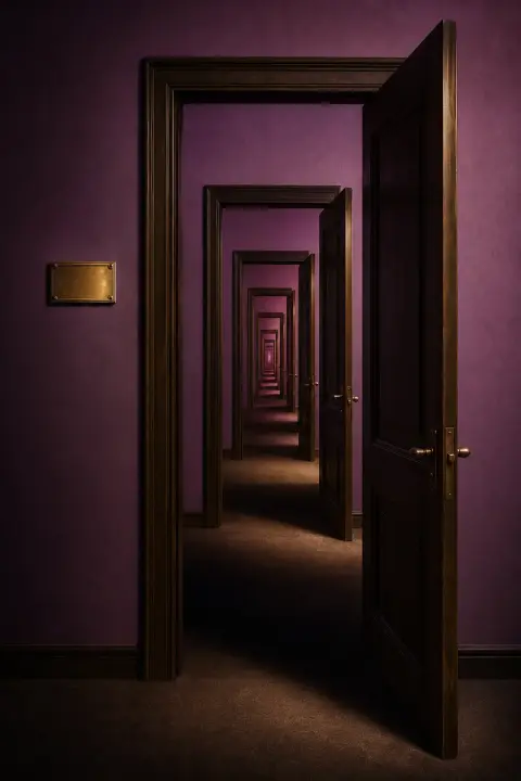 Office hallway folds inward with doors opening recursively, nameplate shrinks into violet and rose darkness losing job