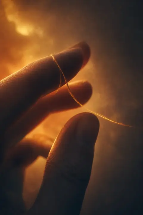 Single amber thread woven through fingers frays and thins, last golden strand fading into darkness losing job