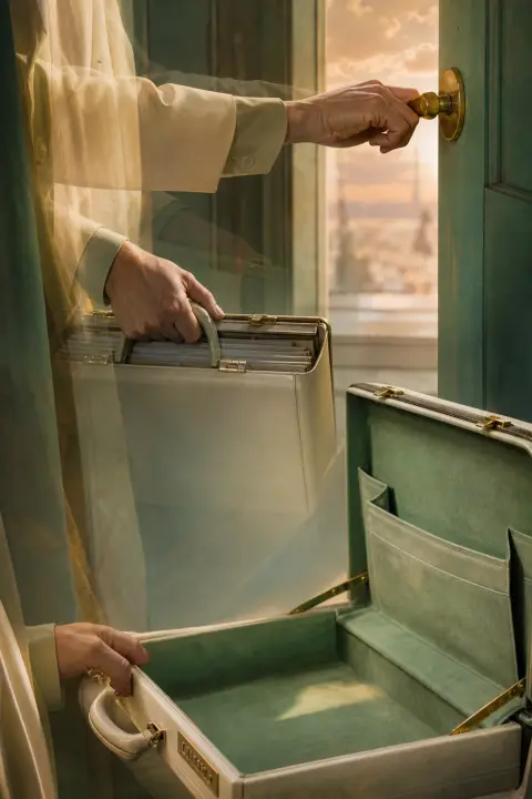 Hand holds full briefcase, opens empty one, reaches for door in pale dawn, three moments layered losing job