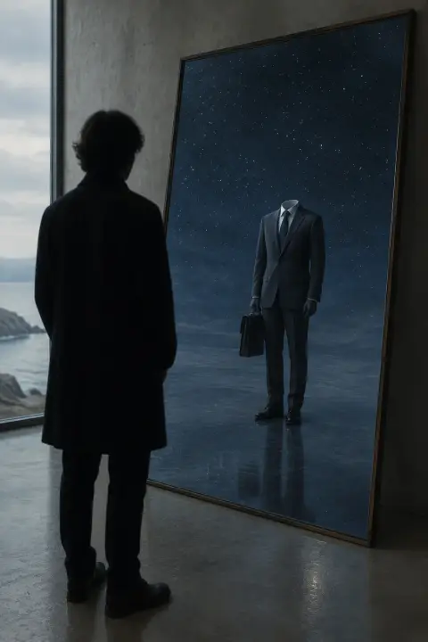 Silhouette face à un miroir indigo incliné dont le reflet montre un costume vide tenant une mallette sans corps, rêve de perdre son emploi