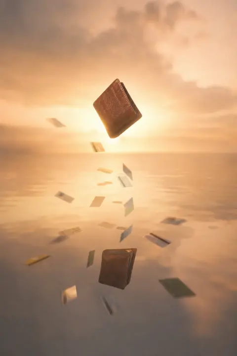 Wallet floating upward through suspended water with sinking reflection below, cards drifting like fish