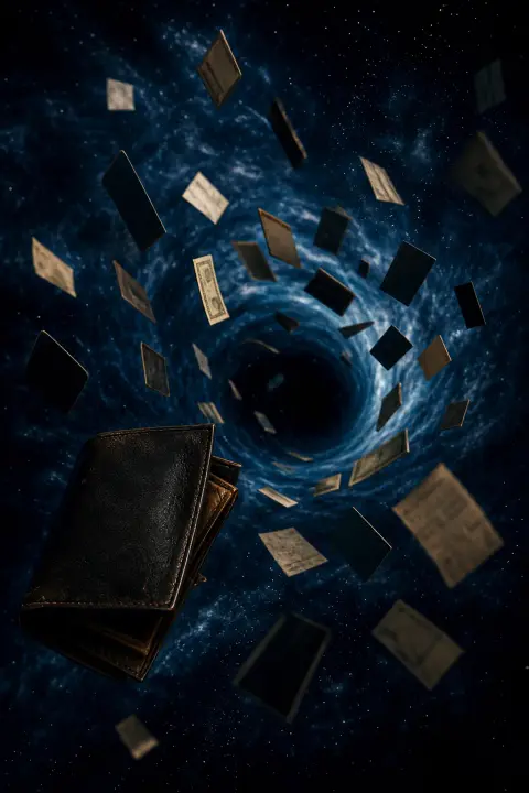 Wallet shatters into scattered cards and bills falling through dark starlit portal