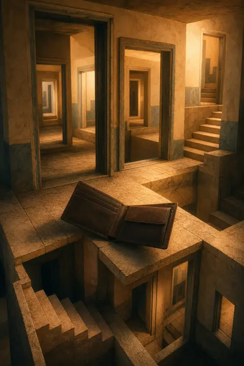 Open wallet on impossible floor with folding doors, contradictory stairs, amber dusk light everywhere