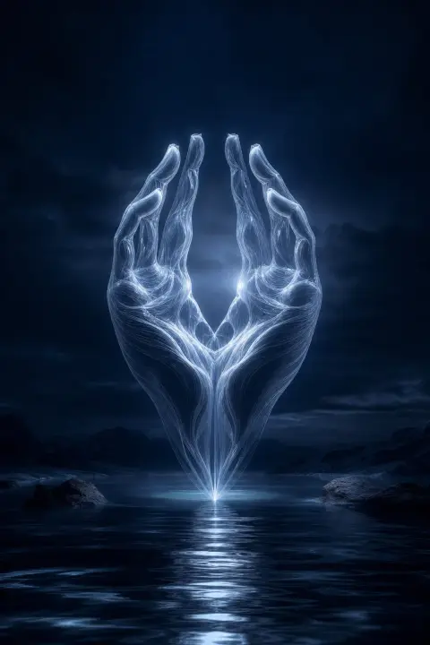 Luz prateada-azul tecida como fio de seda em forma de mão, perfeitamente simétrica nem sólida nem líquida, loteria quietude lunar