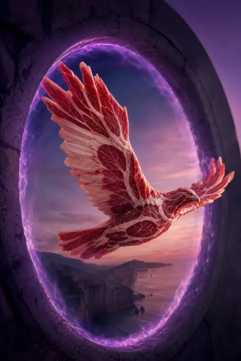 Carne cruda vetada se transforma en vuelo en pájaro atravesando portal crepuscular, alas desplegándose