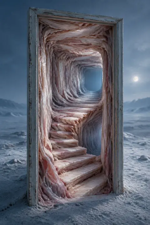 Un marco de puerta solitario da paso a un corredor imposible de tejido cárneo plegado con escaleras que se curvan en azul lunar