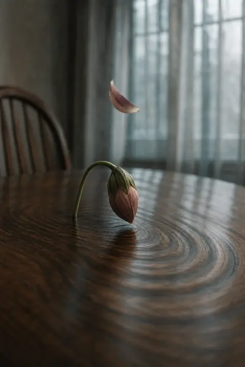 A closed flower bud lowers its head as a petal loosens and drifts upward, a dream of a miscarriage
