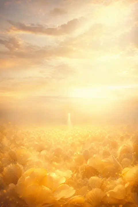 A small point of light rises and fades softly into a sunlit sky of golden petals, a dream of a miscarriage