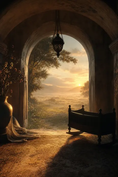 A low arch of soft light opens onto a quiet dawn meadow with an empty cradle, a dream of a miscarriage