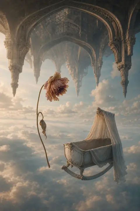 A wilting flower and empty cradle drift among inverted arches under slow clouds, a dream of a miscarriage