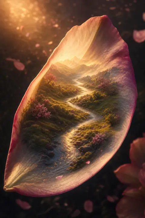 Close view of a falling petal whose surface becomes a gentle river through soft hills, a dream of a miscarriage