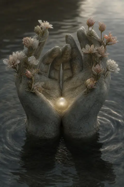 Mãos de pedra delicadas acolhendo uma pequena luz, os dedos desabrochando em flores, a superfície ondulando, o sonho da mãe