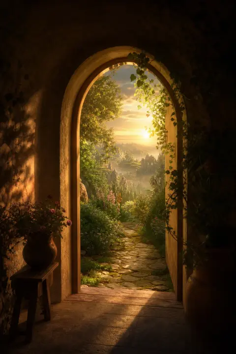 Porta arredondada e suave de luz quente abrindo para um jardim acolhedor ao amanhecer, evocando a mãe