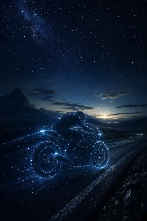 Motocicleta acelerada tallada en noche índigo vacía, ausencia definida por puntos de luz estelar trazando contorno fantasmal de velocidad y soledad