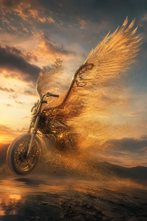 Marco de metal de motocicleta en transmutación a alas doradas fluyentes, manillar curvado hacia arriba en bordes emplumados, polvo ámbar arremolinado donde máquina se vuelve vuelo