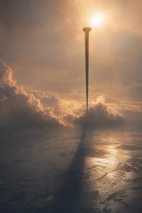 Kolossaler Nagel durchbohrt mondbeschienene Wolken wie Kathedralenspitze, wirft riesigen Schatten auf silberne Landschaft.