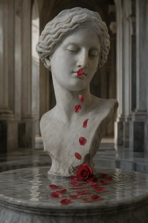 Eine blasse Marmorbüste, unter deren Nase ein rotes Rosenblatt fällt wie Nasenbluten, weitere lösen sich von einer Blüte am Sockel