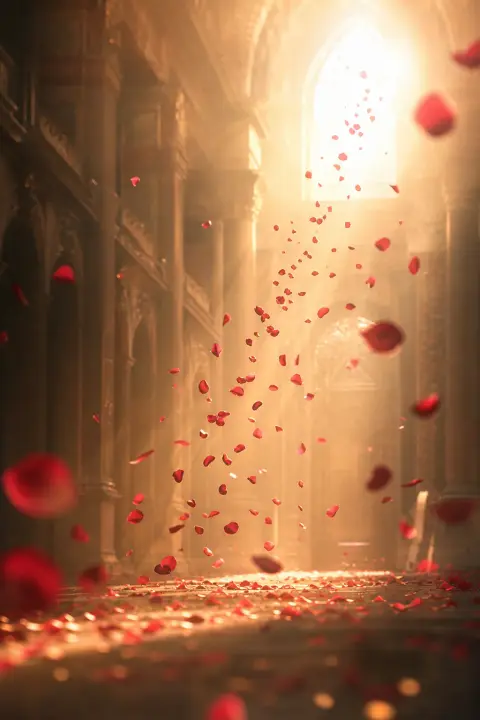 Eine Spur roter Rosenblätter sinkt sanft durch eine sonnige Halle wie Nasenbluten und löst sich in goldenes Licht auf