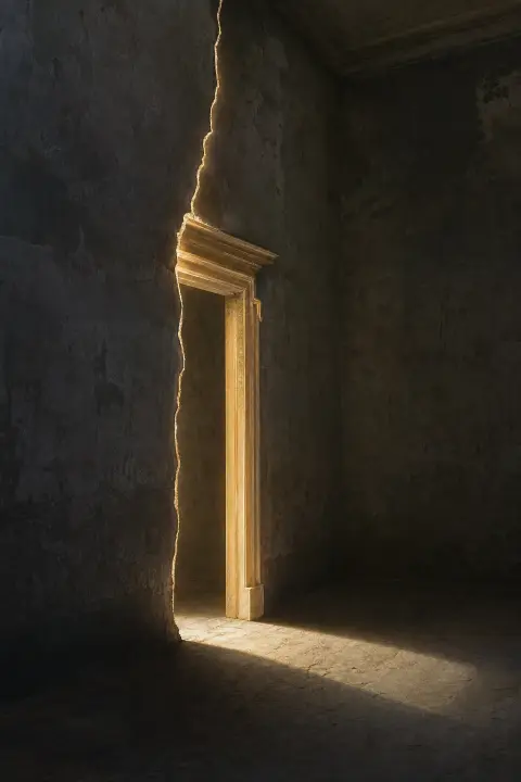 Golden honey-light pours through black plaster crack, pooling into forgotten doorframe shape in old house dream