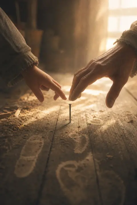 Weathered floorboard grain holds fresh sawdust, faded footprints, and child's hand reaching toward elderly hand and same nail