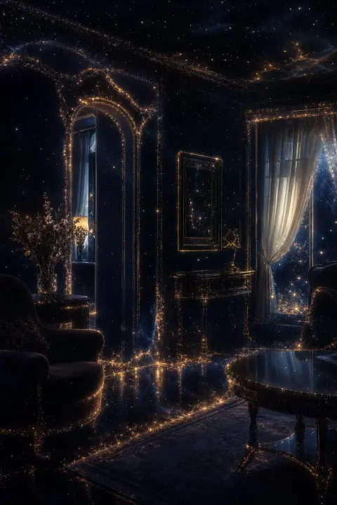 Room exists as negative space between indigo void walls, absence outlined by starlight where old house furniture once pressed darkness