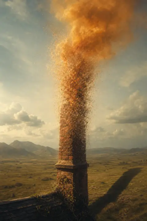 Brick chimney mid-transformation becomes column of amber smoke and golden ash dissolving upward while shadow stays anchored to earth
