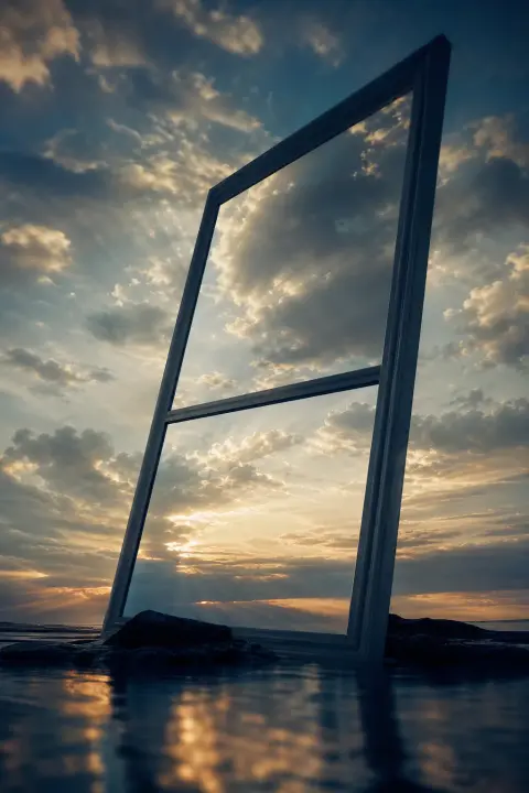 Single window frame tilted at impossible angle stretches vast and intimate across composition in cold silver-blue, pane reflects only memory of light