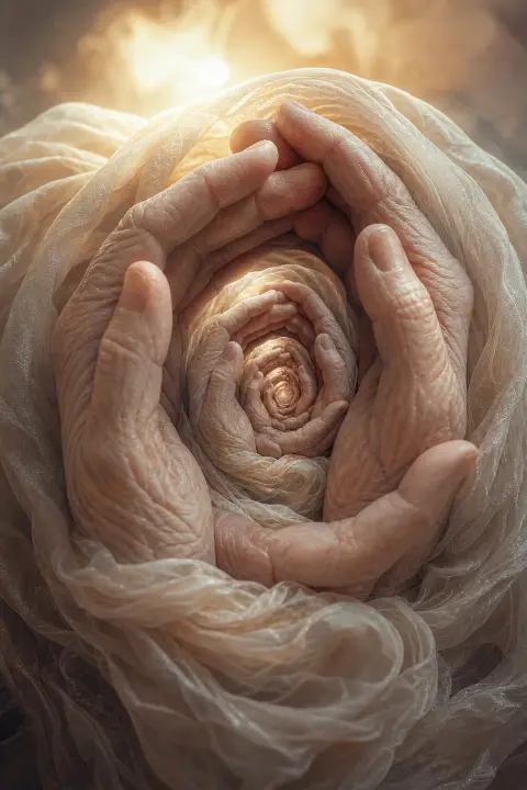 Wrinkled hands fold infinitely through moonlit silver layers, breathing with old linen texture, time folding into itself