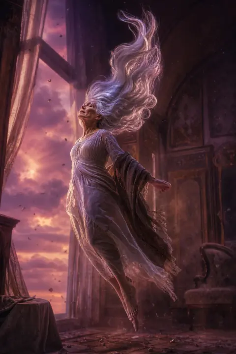 Old woman with silver hair floating upward, shawl drifting down, gravity reversed, violet twilight, falling dust