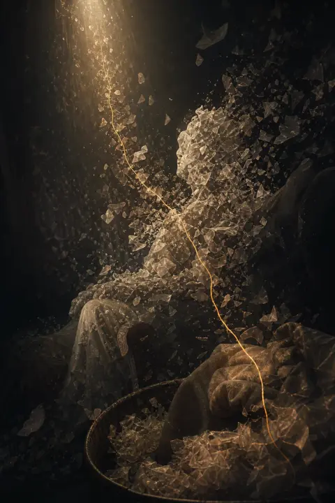 Grandmother's dissolving form fragments into translucent pieces, golden memory thread stitching through noir shadow