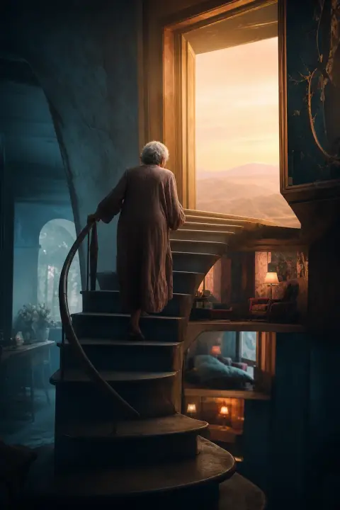 Old woman ascending impossible staircase folding into doorway, silhouette tilted against dawn pastels, breathing rooms