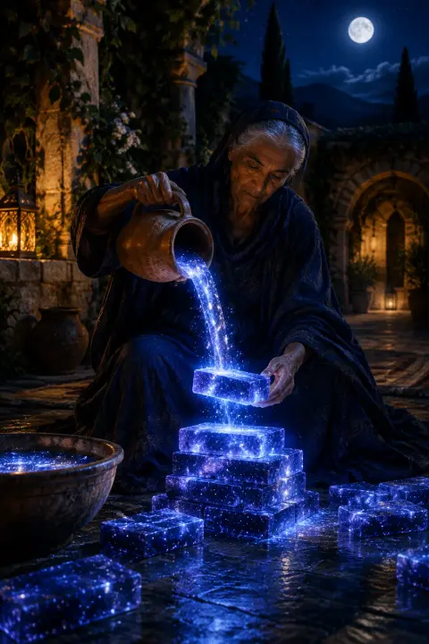 Old woman pours starlight from a clay jug as liquid light solidifies into glowing indigo bricks she stacks into an altar