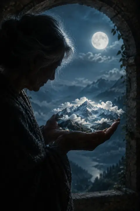 Silhouetted old woman cradles a miniature mountain range with clouds and snowcaps cupped in her small weathered hands