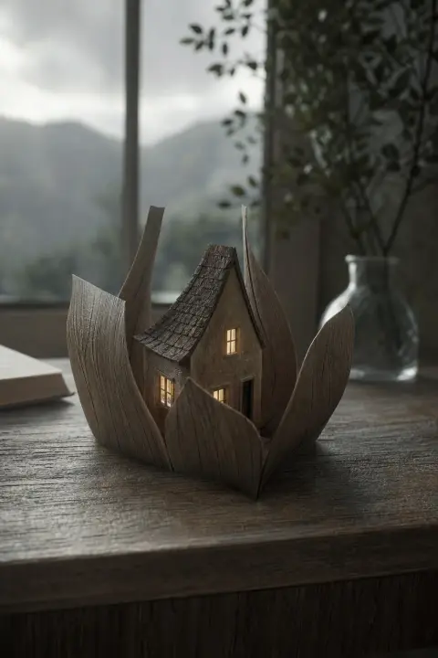 A small model house whose windows glow as its walls unfold like petals, a dream of a parents' house