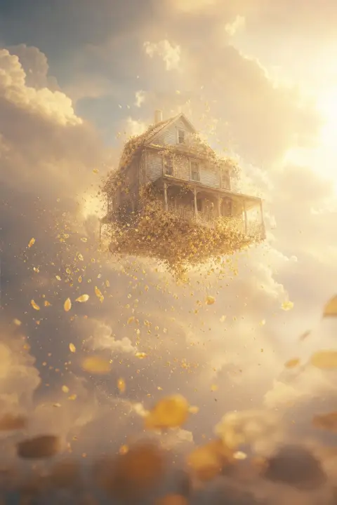 A childhood house floats weightless in a sunlit sky, its edges dissolving into petals, a dream of a parents' house