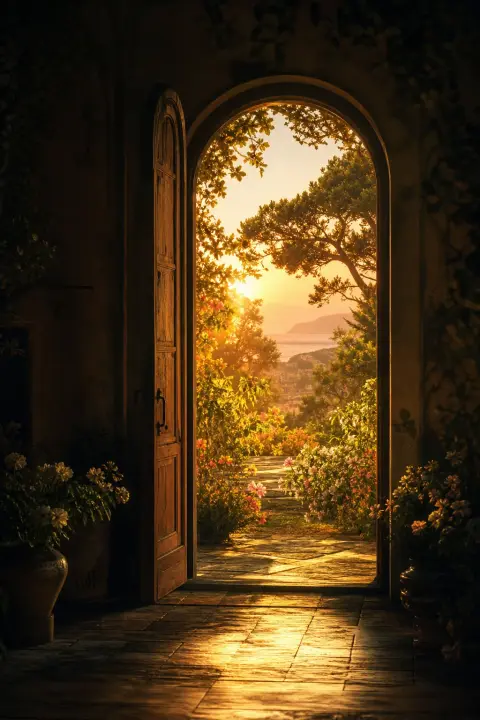 A familiar front doorway full of warm light opens onto a remembered garden, a dream of a parents' house