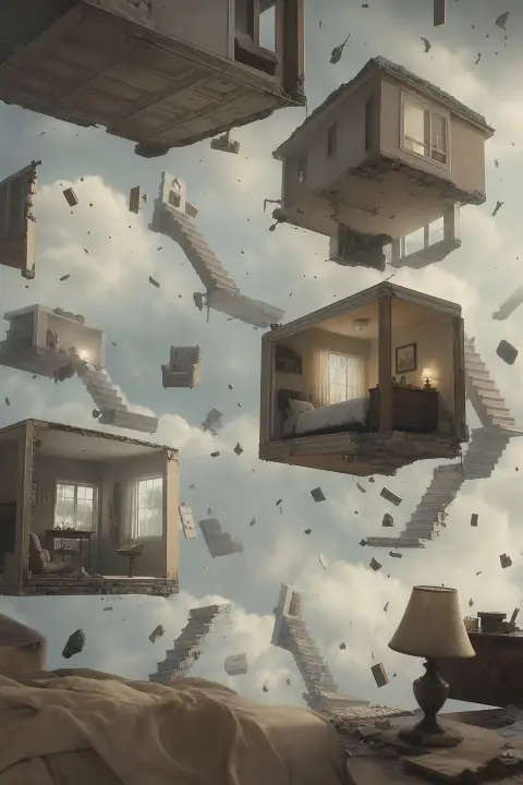 A house's rooms drift apart among inverted staircases and floating furniture, a dream of a parents' house