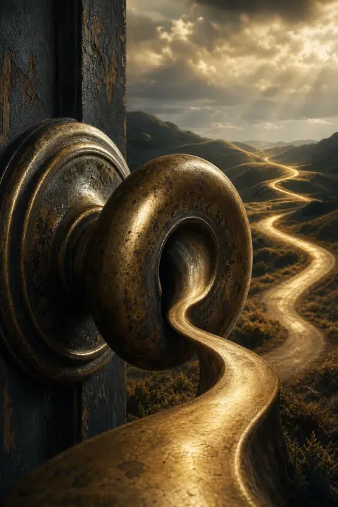Close view of a weathered doorknob whose brass becomes a path over gentle hills, a dream of a parents' house
