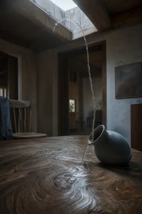 Fio de água clara jorrando de um jarro inclinado sobre a mesa, subindo em direção à luz, os veios da madeira ondulando, ao urinar