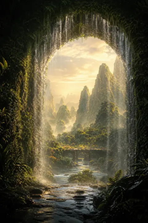Arco de água caindo como uma porta que se abre para uma paisagem verdejante ao amanhecer, alusão ao ato de urinar